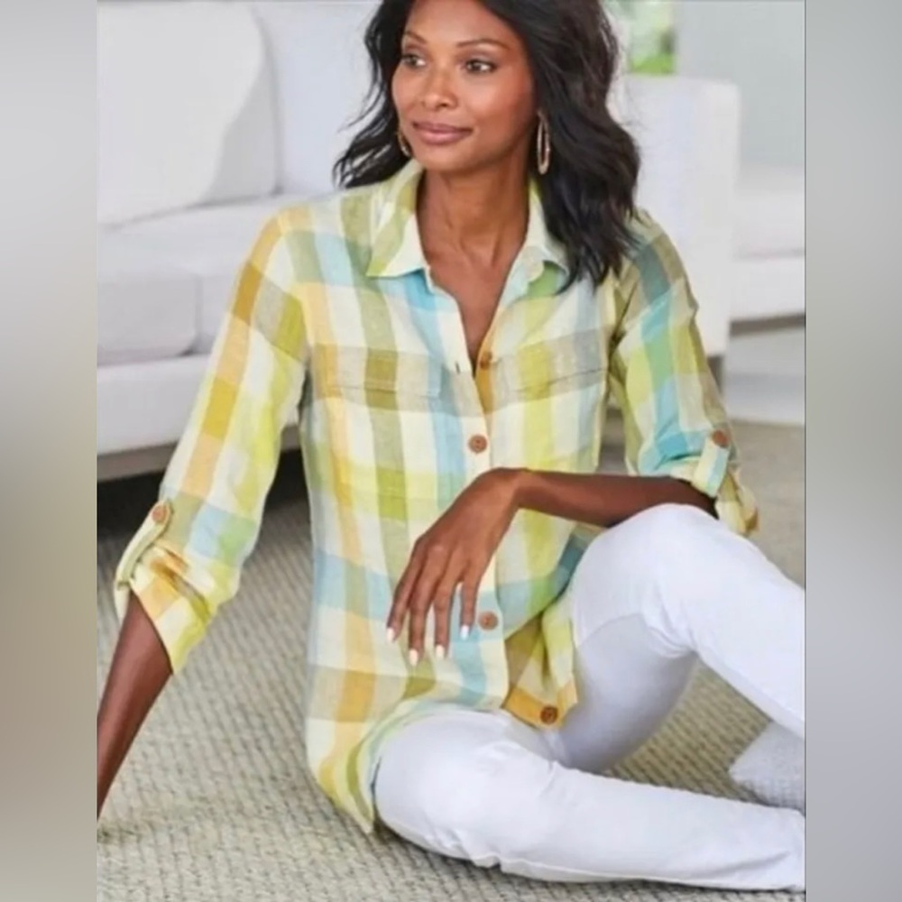 Soft Surroundings Avalon Plaid 100% Linen Shirt Size M
